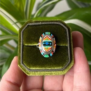 Native or Zuni style ring - sterling silver - micro mosaic inlay